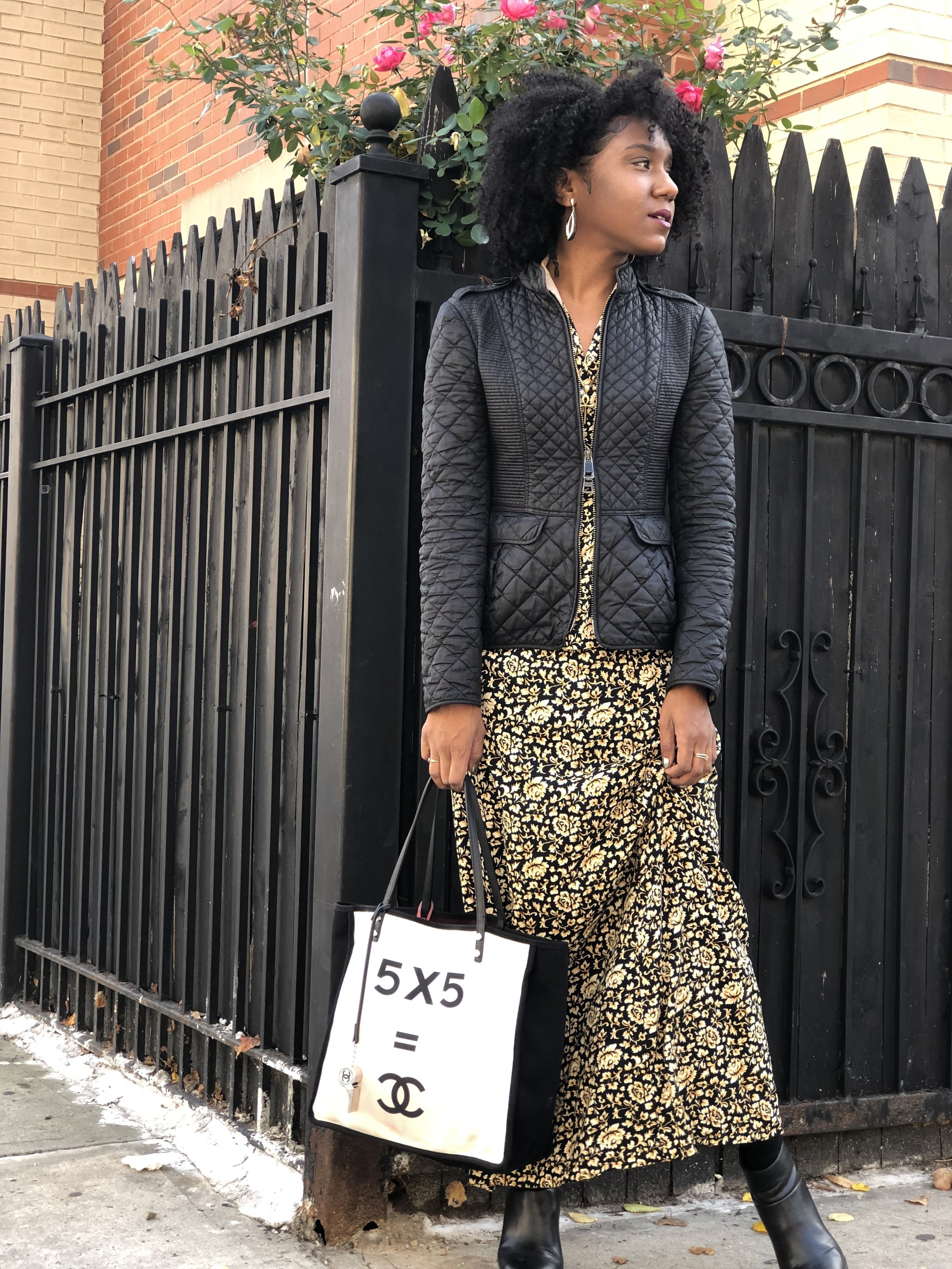 Tote bag - Chanel @ a  Saks  Employee Sample Sale | Jacket -  Burberry @ Bloomingdale’s  | Lips in  “Queen” by 327 Cosmetics  | Wraparound Bracelet &amp; Ankh Necklace (below) -  JLANI Jewels  | Socks - Forever 21 | Shoes -  Bull Boxer  | Floral Skirt &amp; Top Set, Earrings &amp; Rings - My Mom’s Closet!